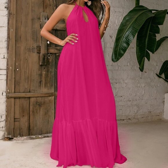 Hot Pink Tie Backless Halter Dress - Picture 5 of 5